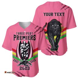 Personalised NRL Panthers Baseball Jersey Shirt Premiers Three Peat Proud Of Our Boys Pink