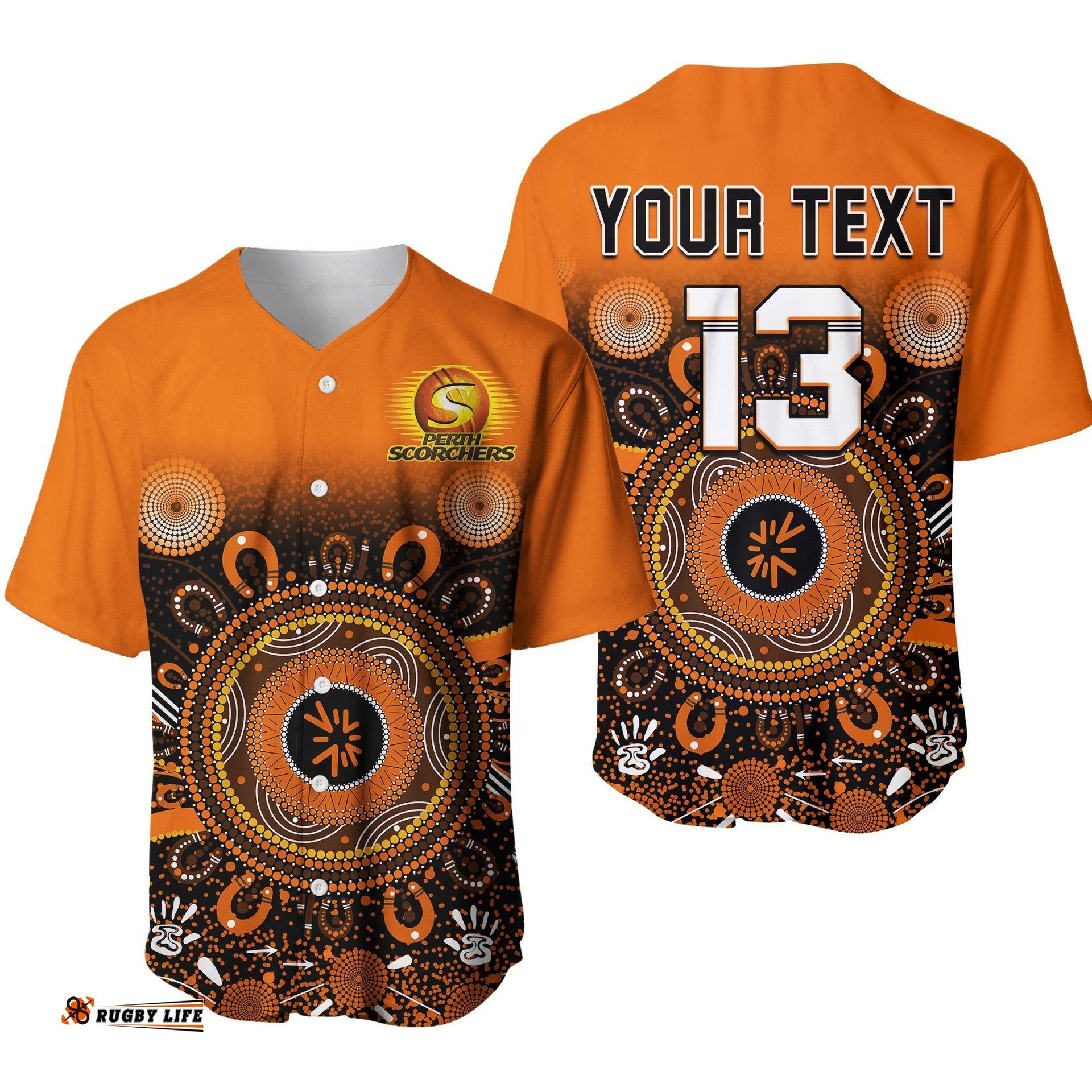 Custom Text and Number Perth Scorchers Baseball Jersey Shirt Aboriginal Sunshine