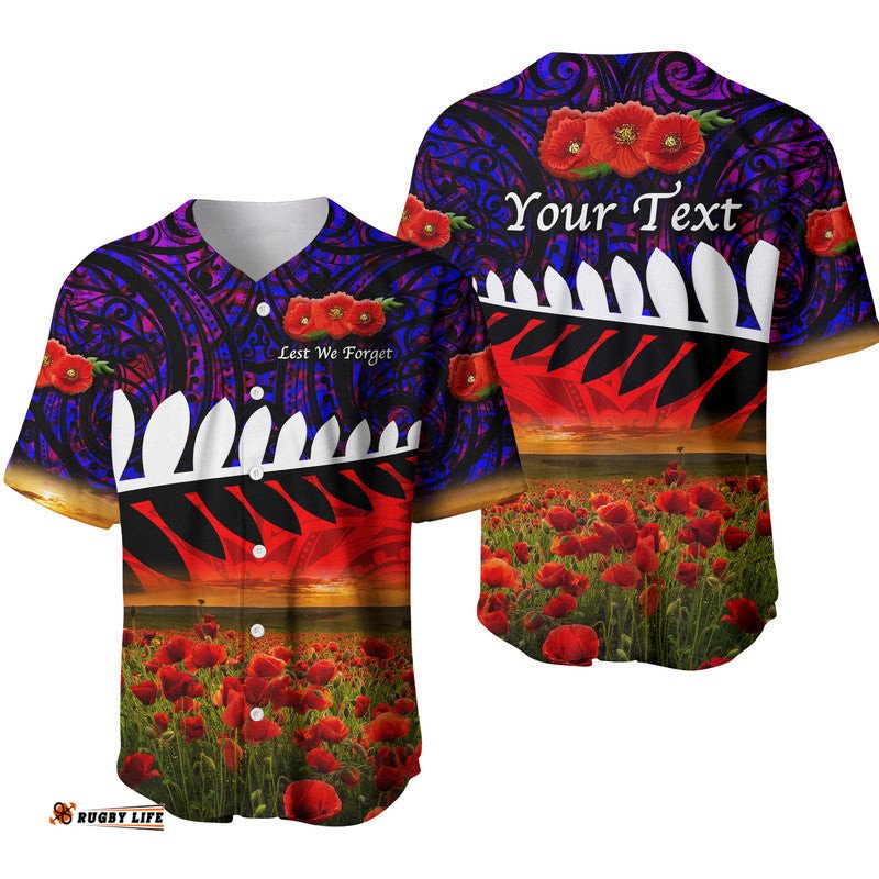 Custom Personalised New Zealand Maori ANZAC Baseball Jersey Shirt Poppy Vibes Purple