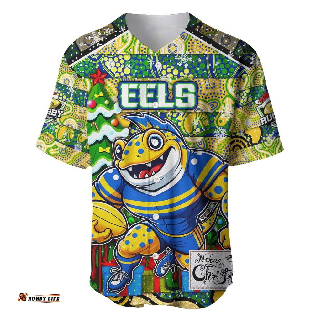 Custom Eels Rugby Merry Christmas Baseball Jersey Shirt Indigenous Australian Art