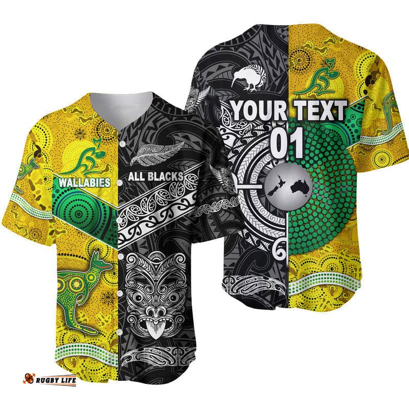 Custom Personalised New Zealand Maori All Black And Australia Wallabies Aboriginal Baseball Jersey Shirt Rugby Together