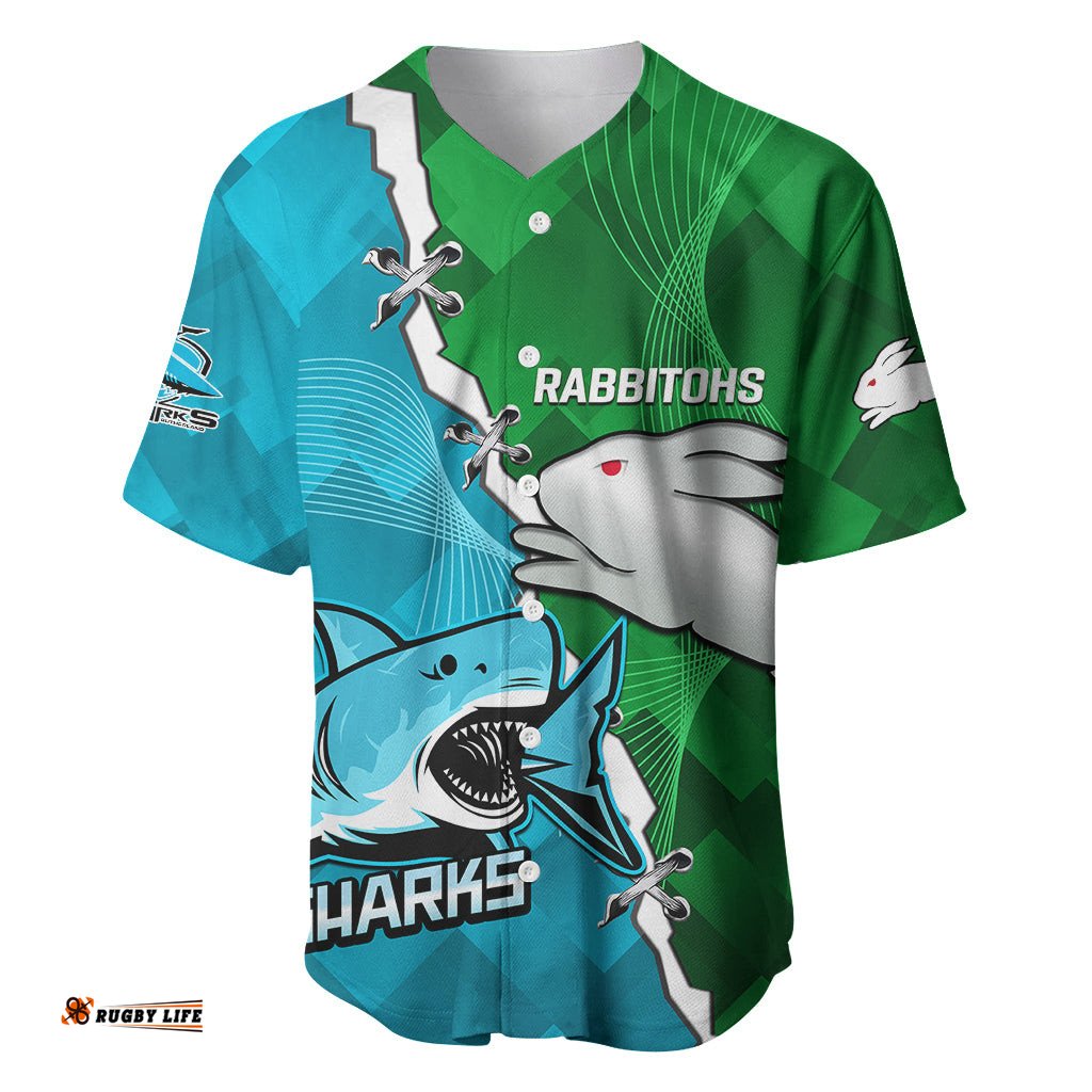 Personalised Sharks and Rabbitohs Rugby Baseball Jersey Shirt Sporty Version