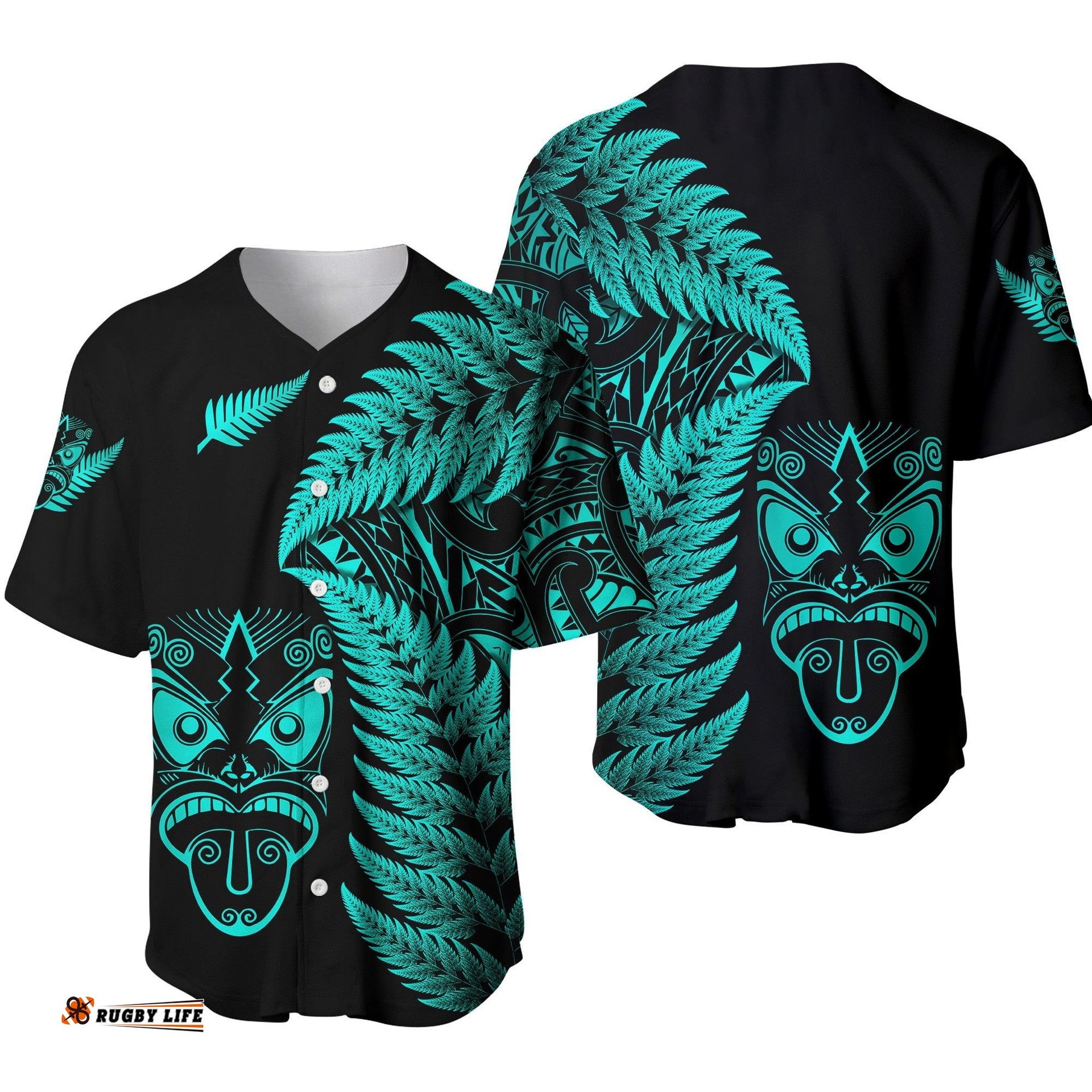 New Zealand Haka Rugby Maori Baseball Jersey Shirt Silver Fern Vibes Turquoise