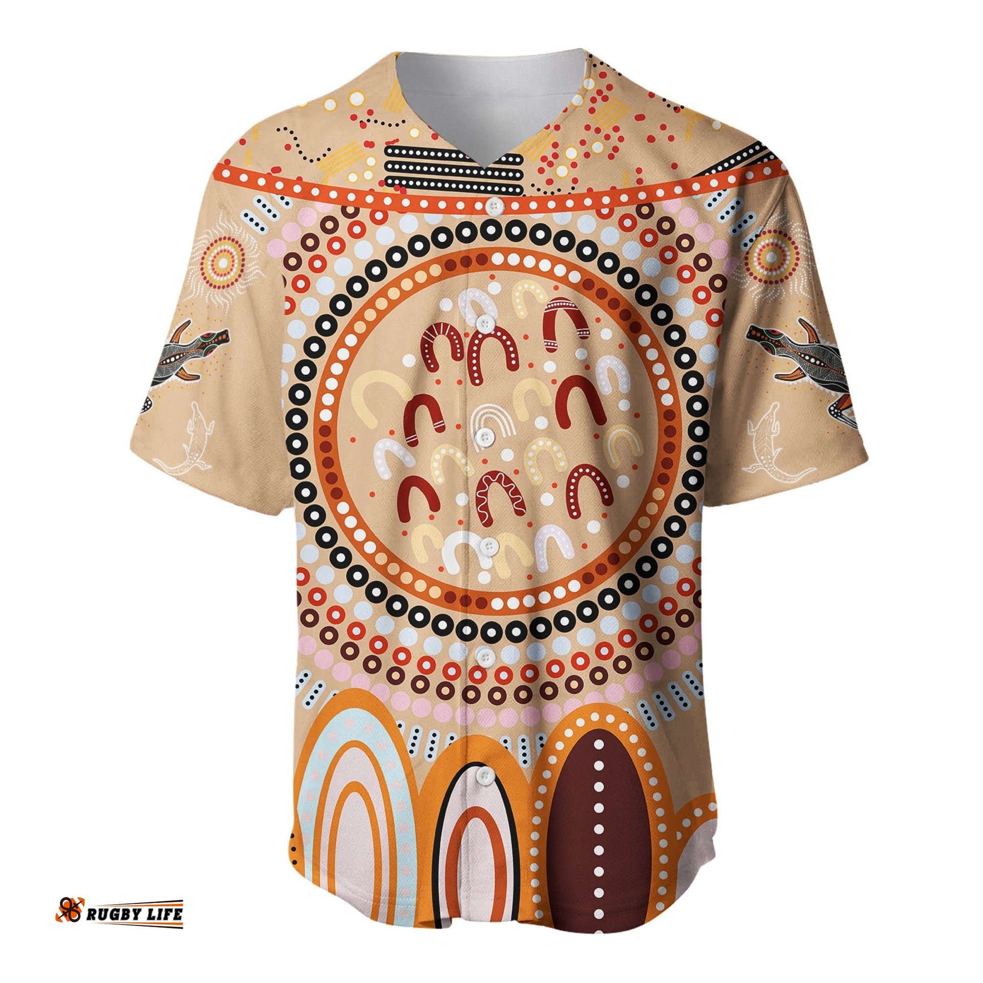 Custom Text and Number Aboriginal Stand Up Baseball Jersey Shirt Circle Dot with Lizard Version 02 PeachPuff