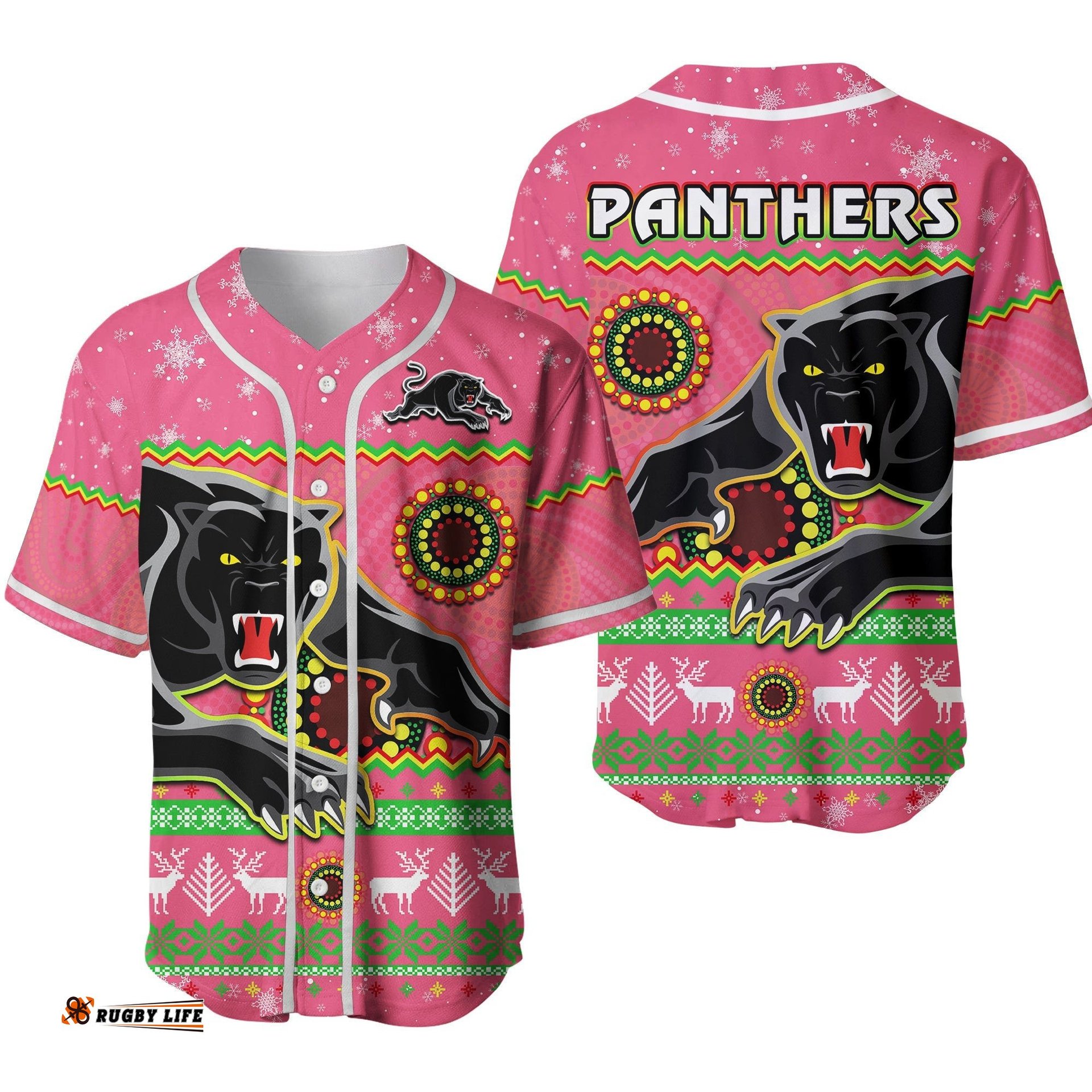 Panthers Christmas Baseball Jersey Shirt Aboriginal Pattern Penrith Pink Version 2