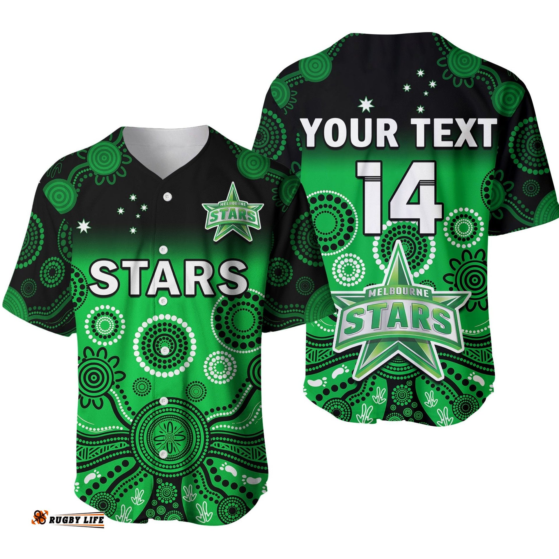 Custom Text And Number Stars Cricket Baseball Jersey Shirt Melbourne Team Green Gradient Aboriginal Art