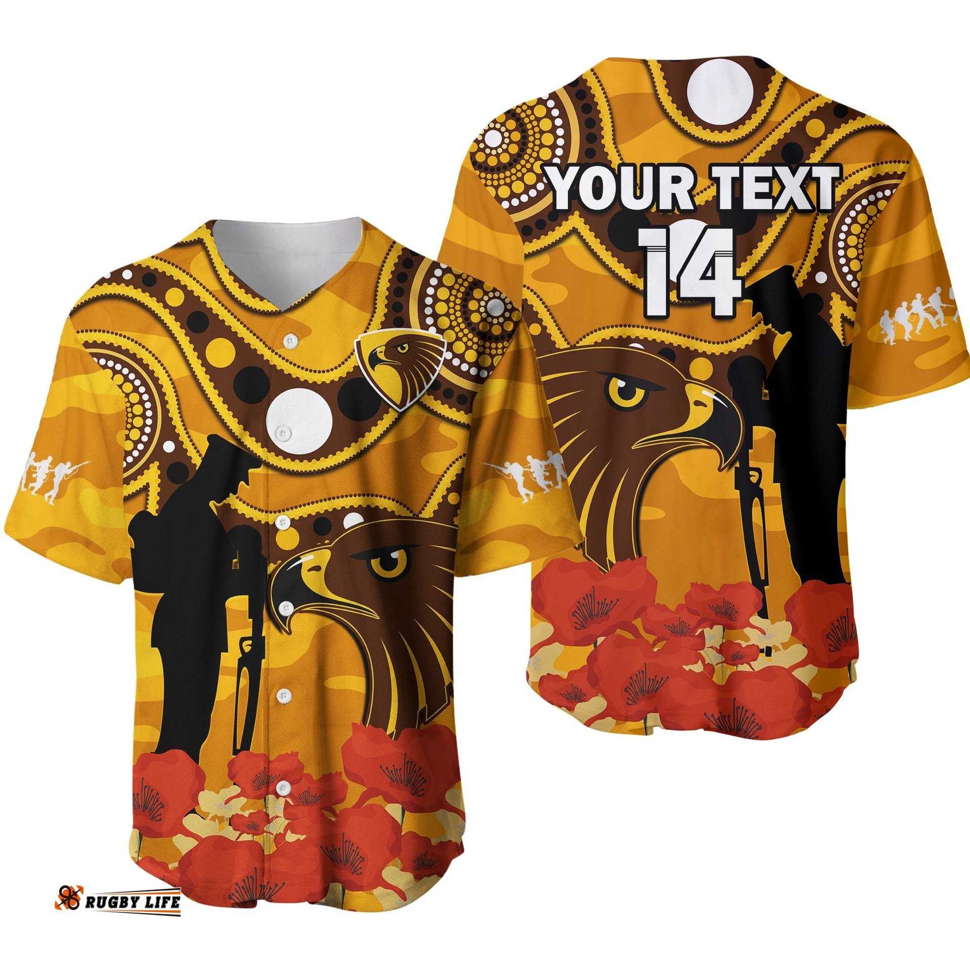 Custom Text And Number Hawks Football ANZAC Baseball Jersey Shirt Indigenous Mix Poppy Camouflage Ver.01