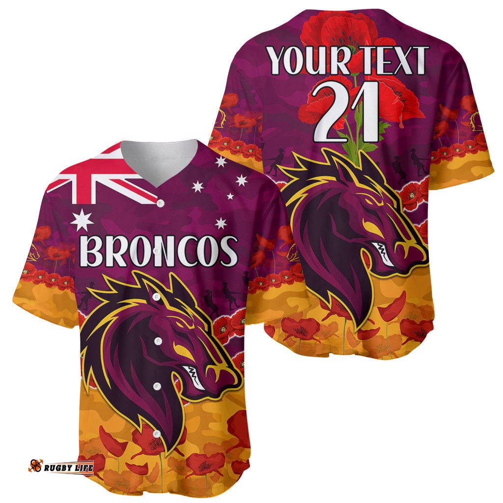 Custom Text And Number Broncos Rugby ANZAC Baseball Jersey Shirt Lest We Forget