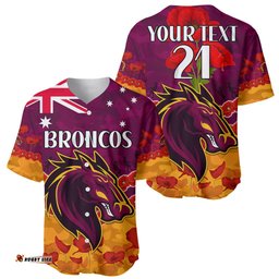 Custom Text And Number Broncos Rugby ANZAC Baseball Jersey Shirt Lest We Forget