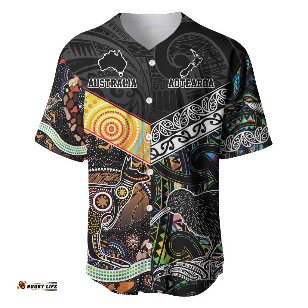 Personalised New Zealand and Australia Baseball Jersey Shirt Maori Mix Aboriginal Art Style