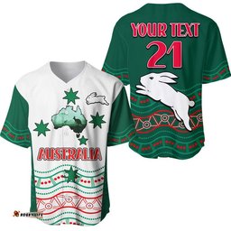 Custom Personalised Rabbitohs Australia Day Baseball Jersey Shirt Flag Map and Aboriginal Wave