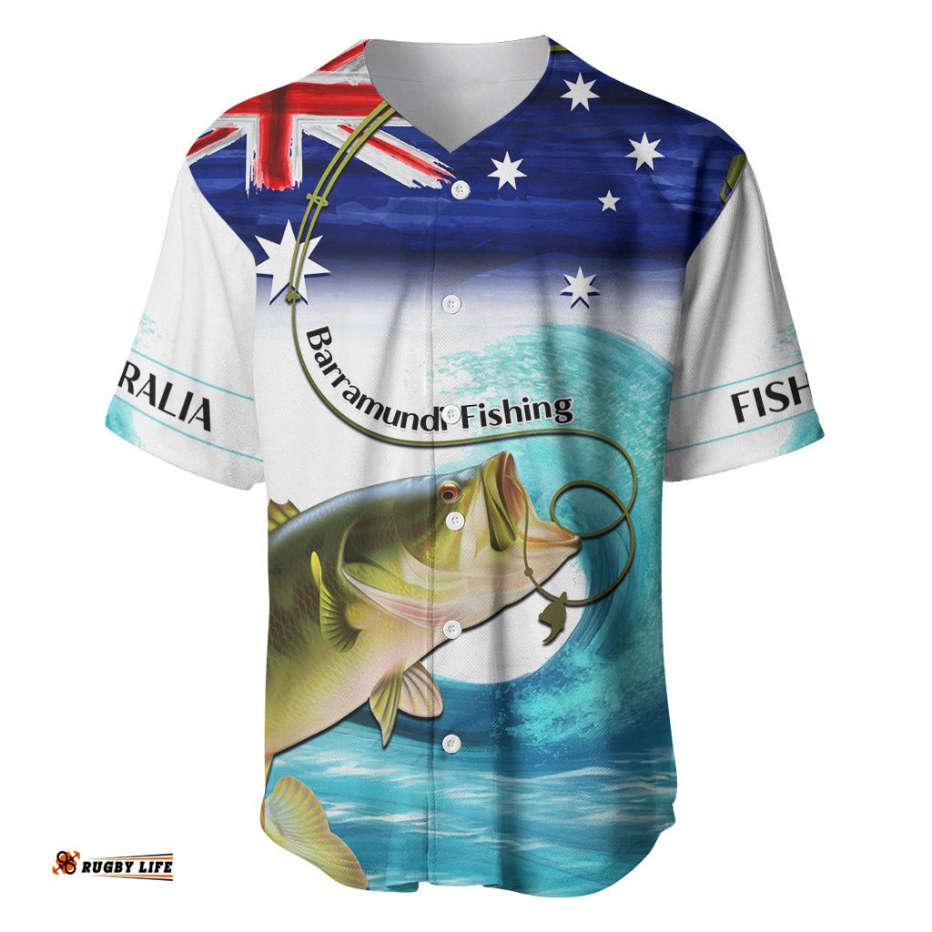 Personalised Australia Fishing Baseball Jersey Shirt Barramundi With Ocean Waves Flag Grunge Style