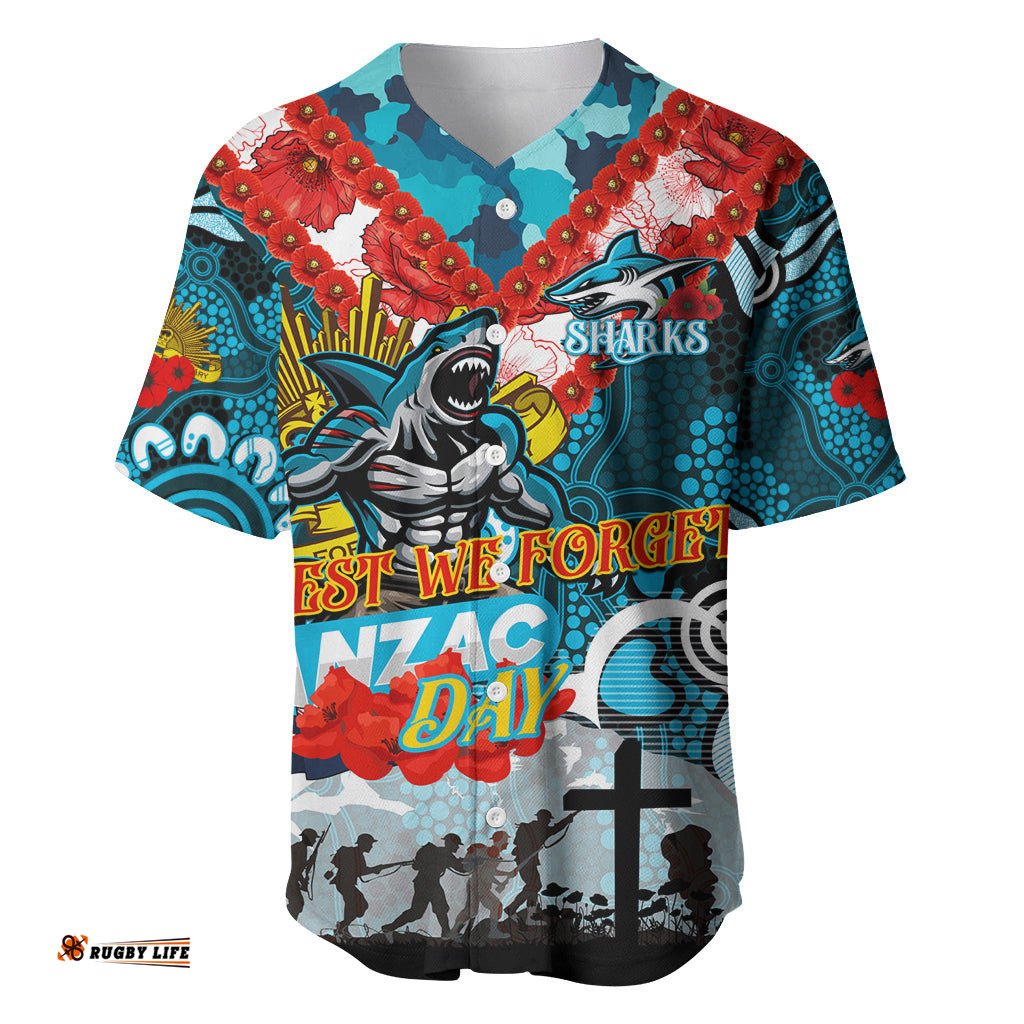 Personalised Sharks ANZAC Day Baseball Jersey Shirt Aboriginal Rising Sun