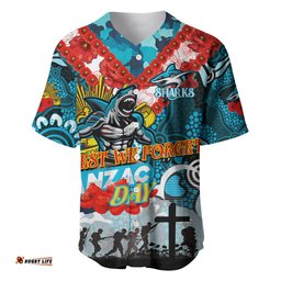 Personalised Sharks ANZAC Day Baseball Jersey Shirt Aboriginal Rising Sun