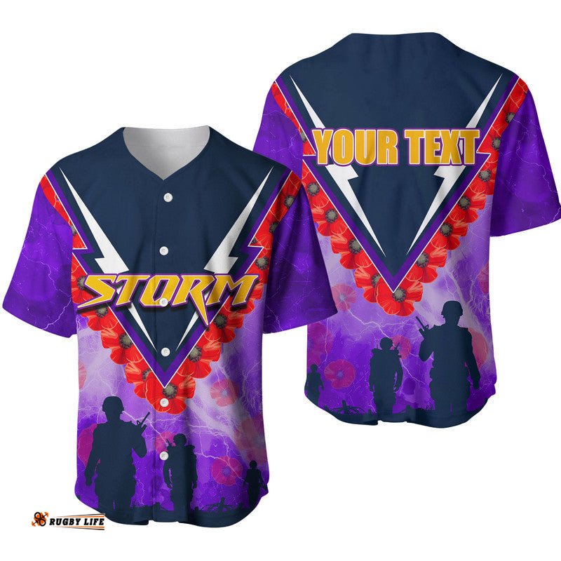 Custom Personalised NRL Storm Baseball Jersey Shirt Anzac Day Poppy Flowers Jersey