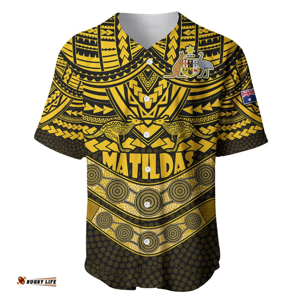 Matildas Soccer Baseball Jersey Shirt Polynesian and Aboriginal Gold Vibe