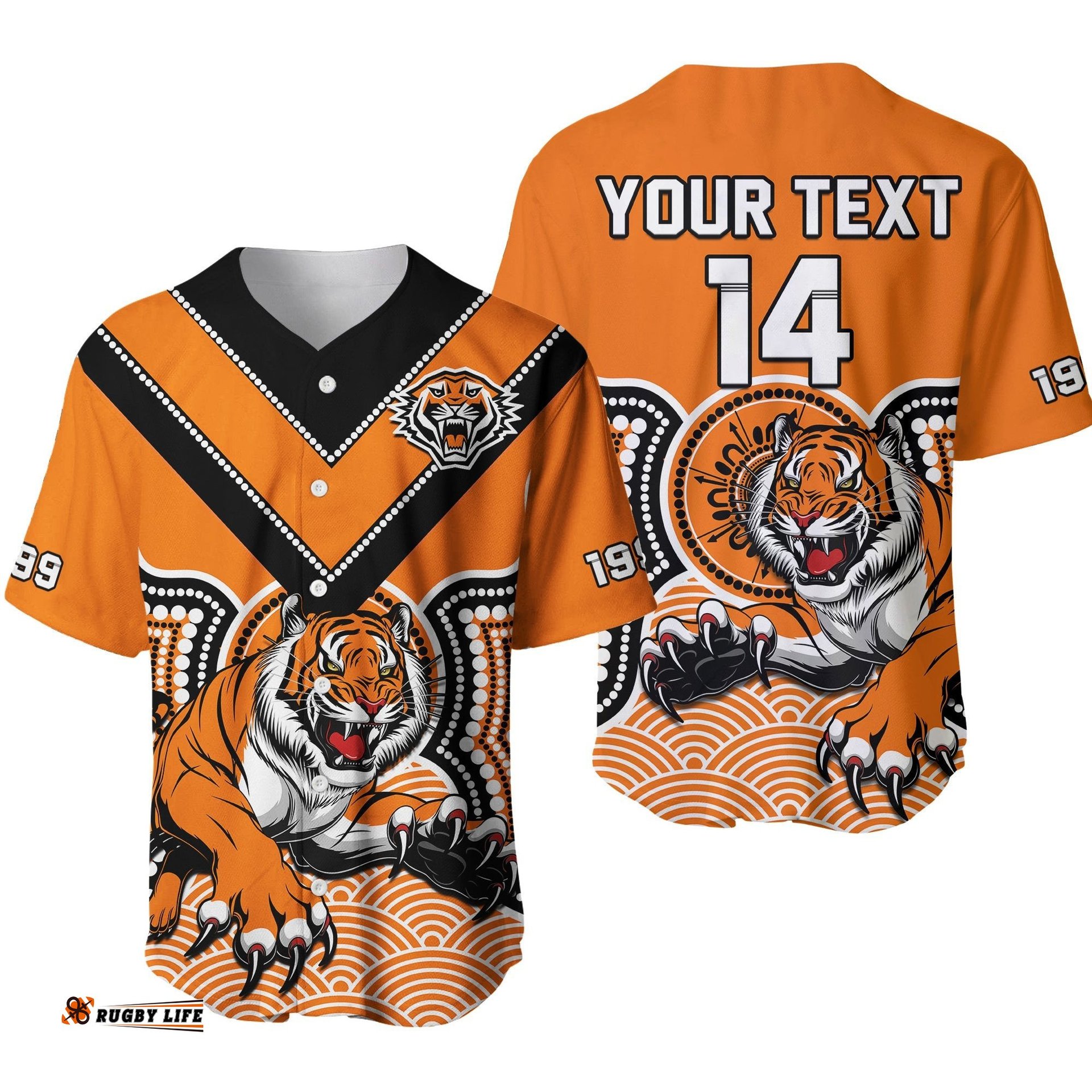 Custom Text And Number Wests Tigers Rugby Baseball Jersey Shirt Indigenous Artsy 01