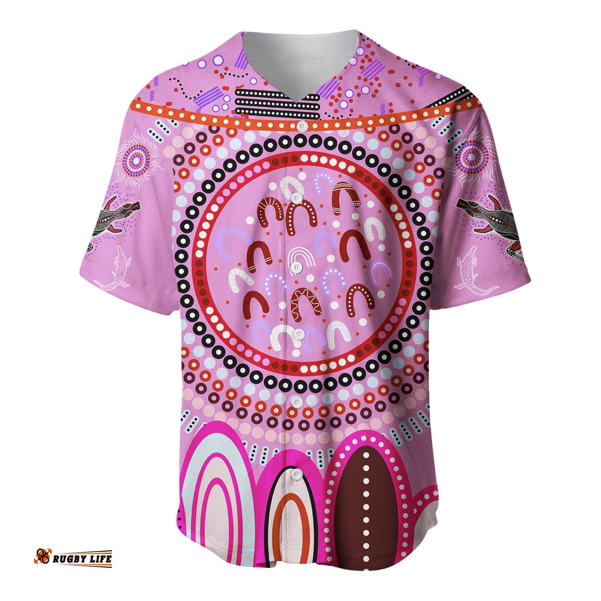 Custom Text and Number Aboriginal Stand Up Baseball Jersey Shirt Circle Dot with Lizard Version 02 Pink