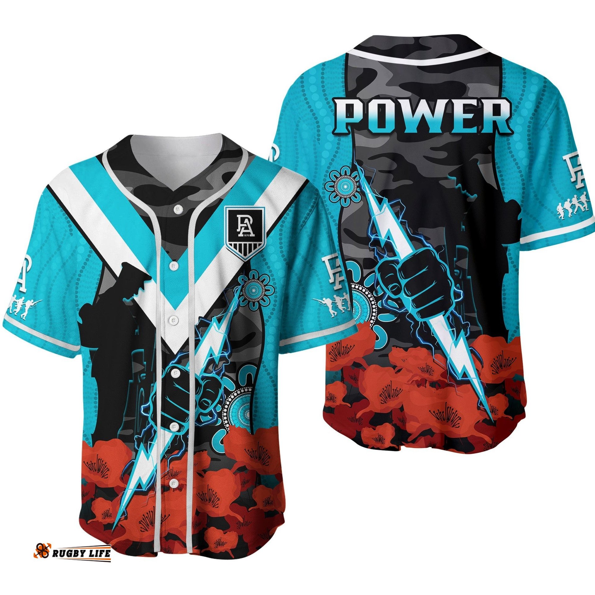 Port Adelaide Football ANZAC Baseball Jersey Shirt Power Aboriginal Mix Poppy Camouflage Ver.02