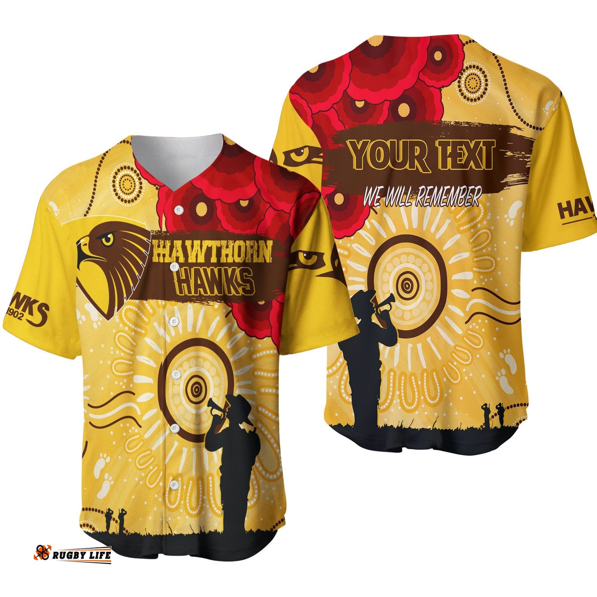 Custom Personalised Hawthorn Hawks Indigenous Anzac Day Baseball Jersey Shirt We Will Remember