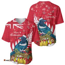 New Zealand Christmas In July Baseball Jersey Shirt Tui Bird With Kowhai Meri Kirihimete