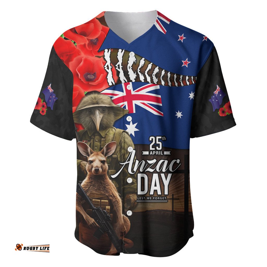 New Zealand and Australia ANZAC Day Baseball Jersey Shirt National Flag mix Kiwi Bird and Kangaroo Soldier Style