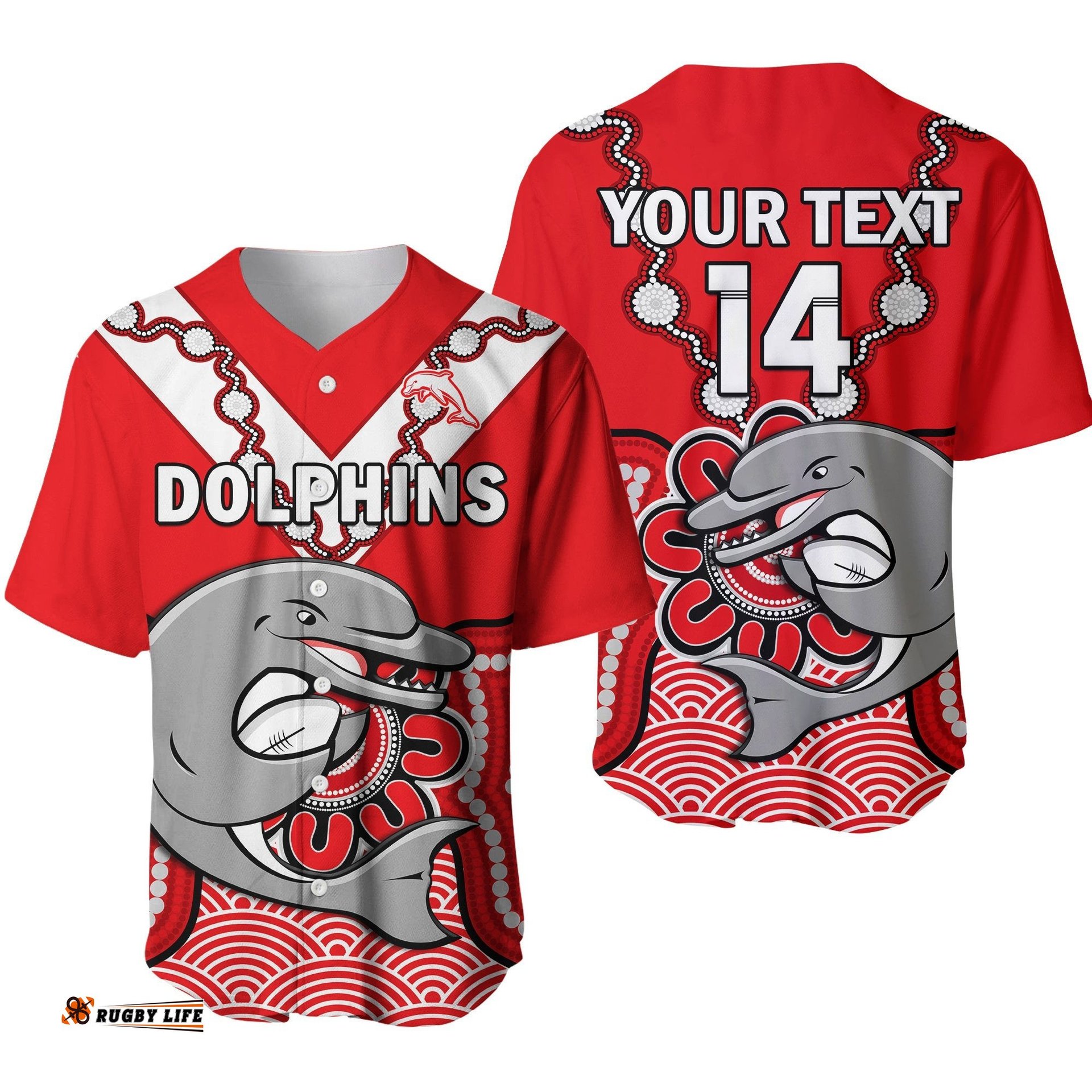 Custom Text And Number Dolphins Rugby Baseball Jersey Shirt Indigenous Black Artsy