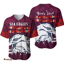 Custom Personalised Sea Eagles Anzac Day Baseball Jersey Shirt Poppy Lest We Forget