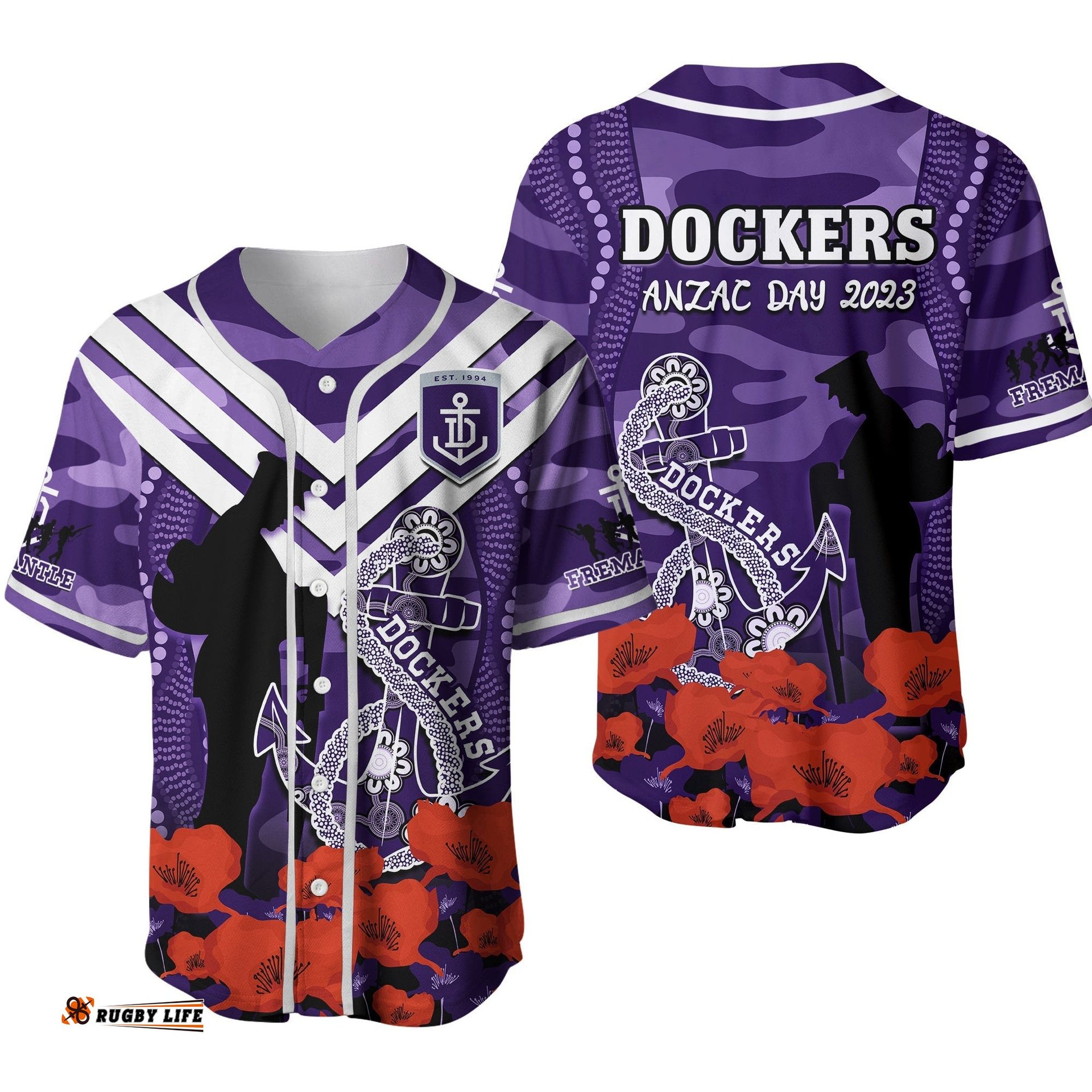 Dockers Football ANZAC Baseball Jersey Shirt Aboriginal Mix Poppy Camouflage Ver.02