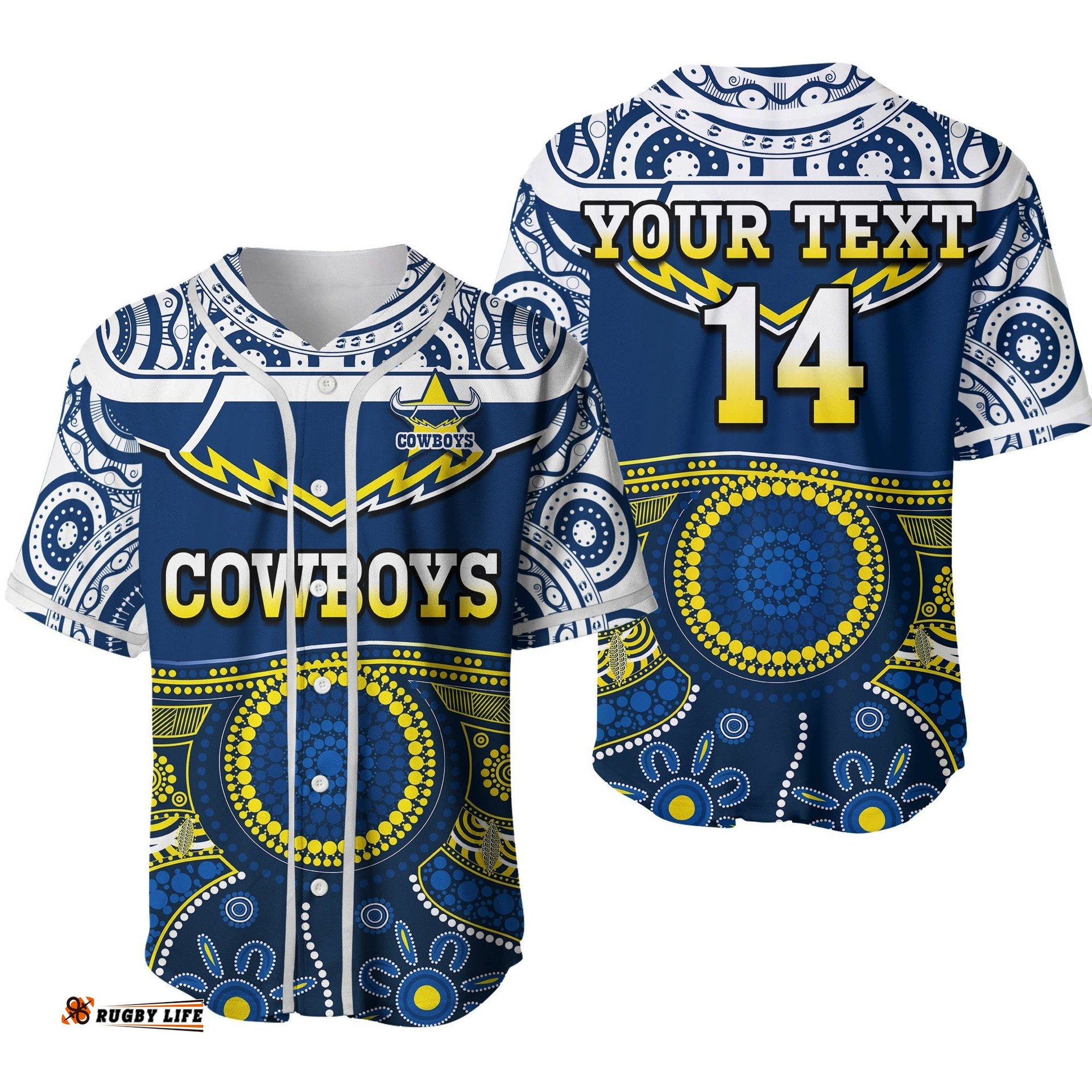 Custom Text And Number Cowboys Rugby Baseball Jersey Shirt Aboriginal Art Ver.02