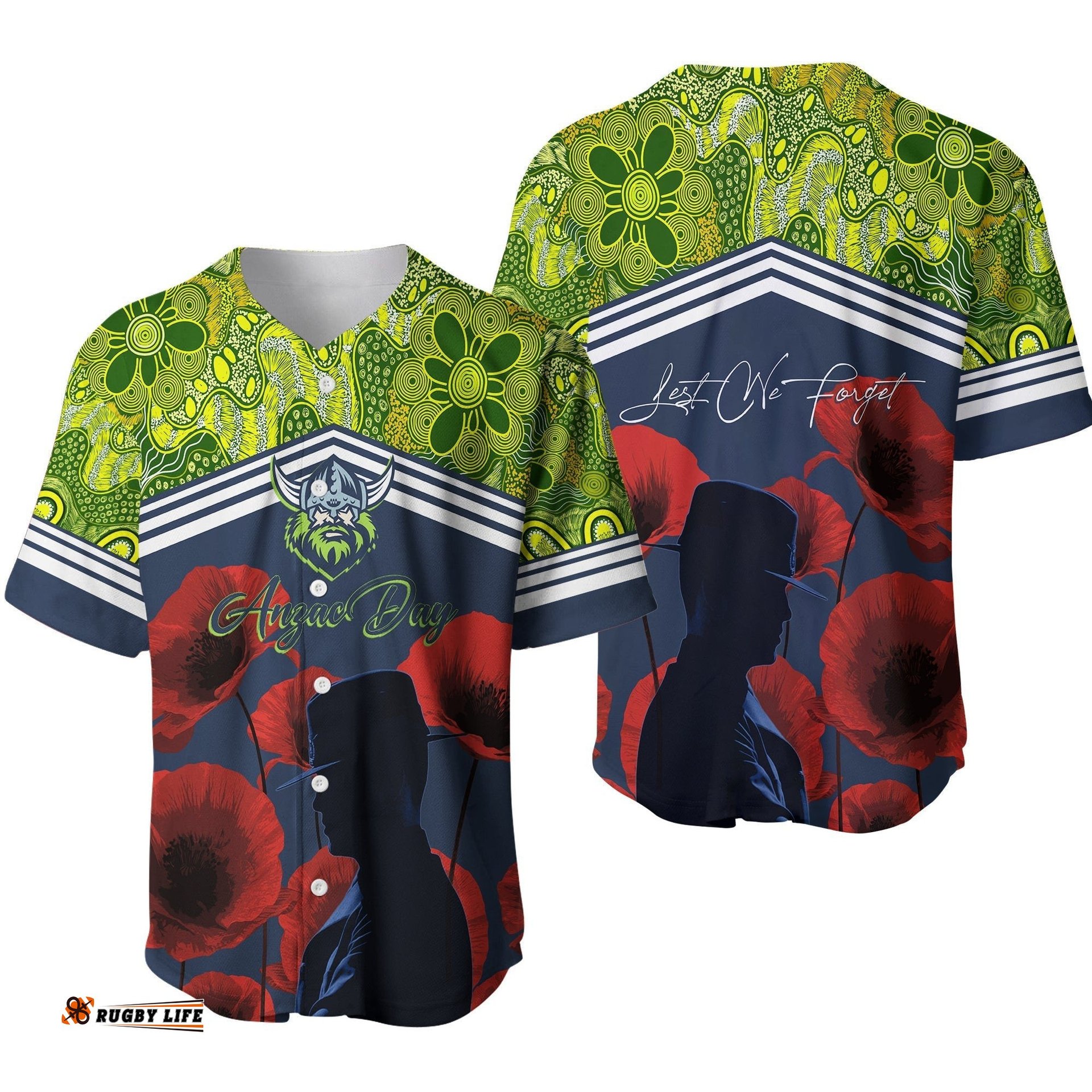 Raiders Rugby Baseball Jersey Shirt Anzac Day Lest We Forget