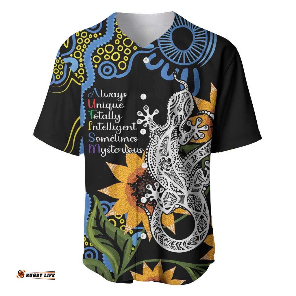 Australia Autism Awareness Baseball Jersey Shirt Brave Strong Aussie Lizard Aboriginal Art