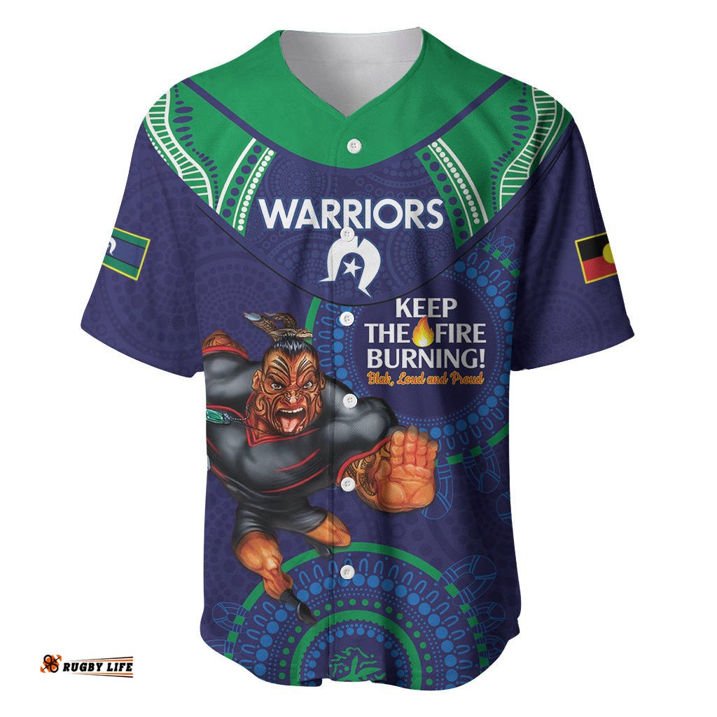 Custom NRL Warriors NAIDOC Week Baseball Jersey Shirt Keep The Fire Burning Indigenous Art