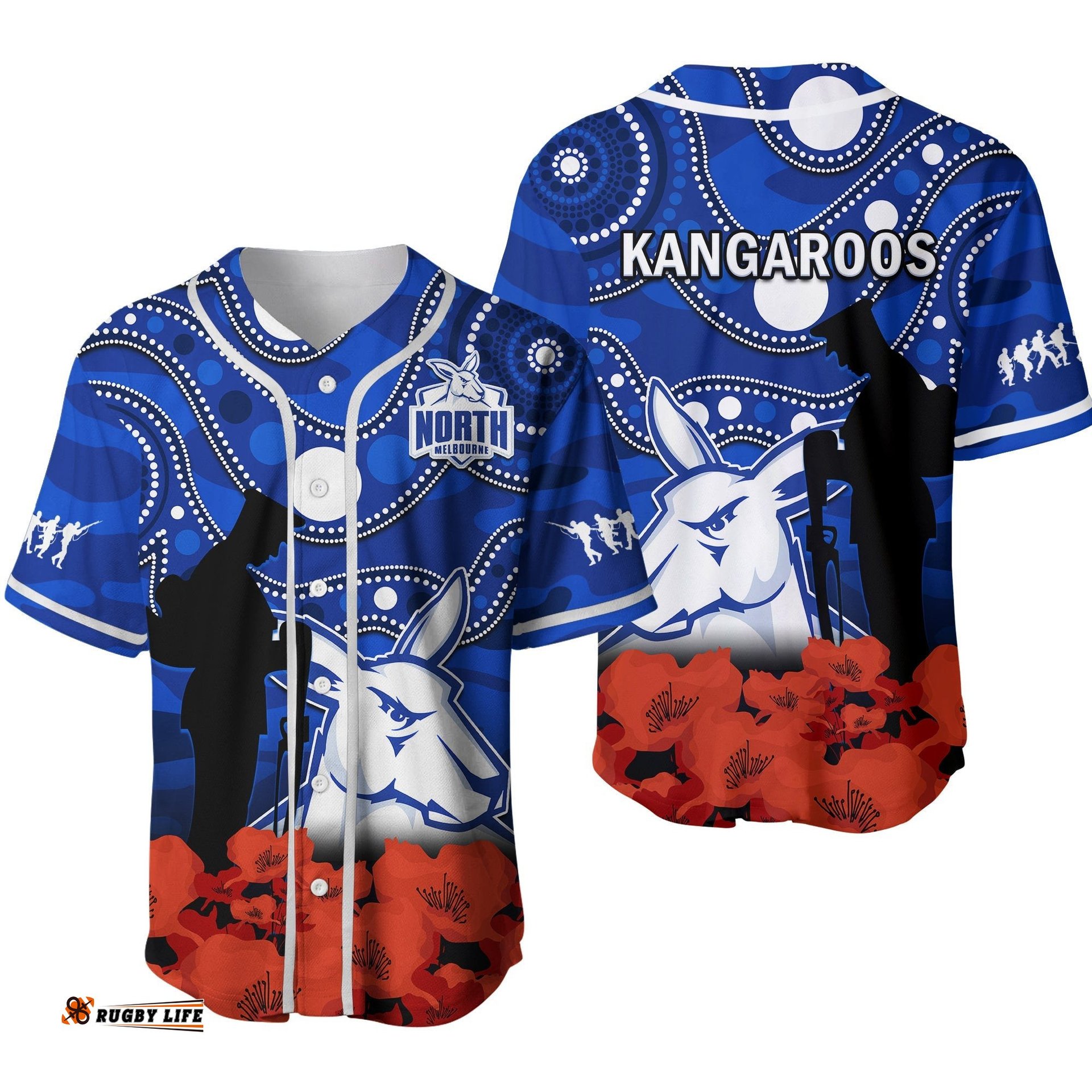North Melbourne Football ANZAC Baseball Jersey Shirt Kangaroos Aboriginal Mix Poppy Camouflage Ver.02