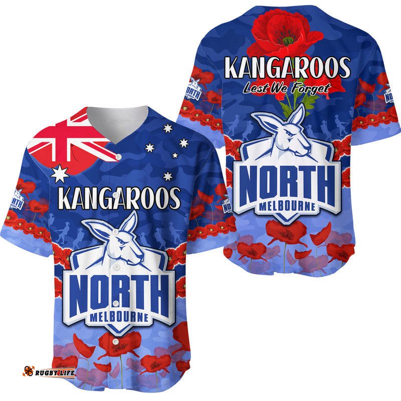 Kangaroos Football ANZAC Baseball Jersey Shirt Lest We Forget