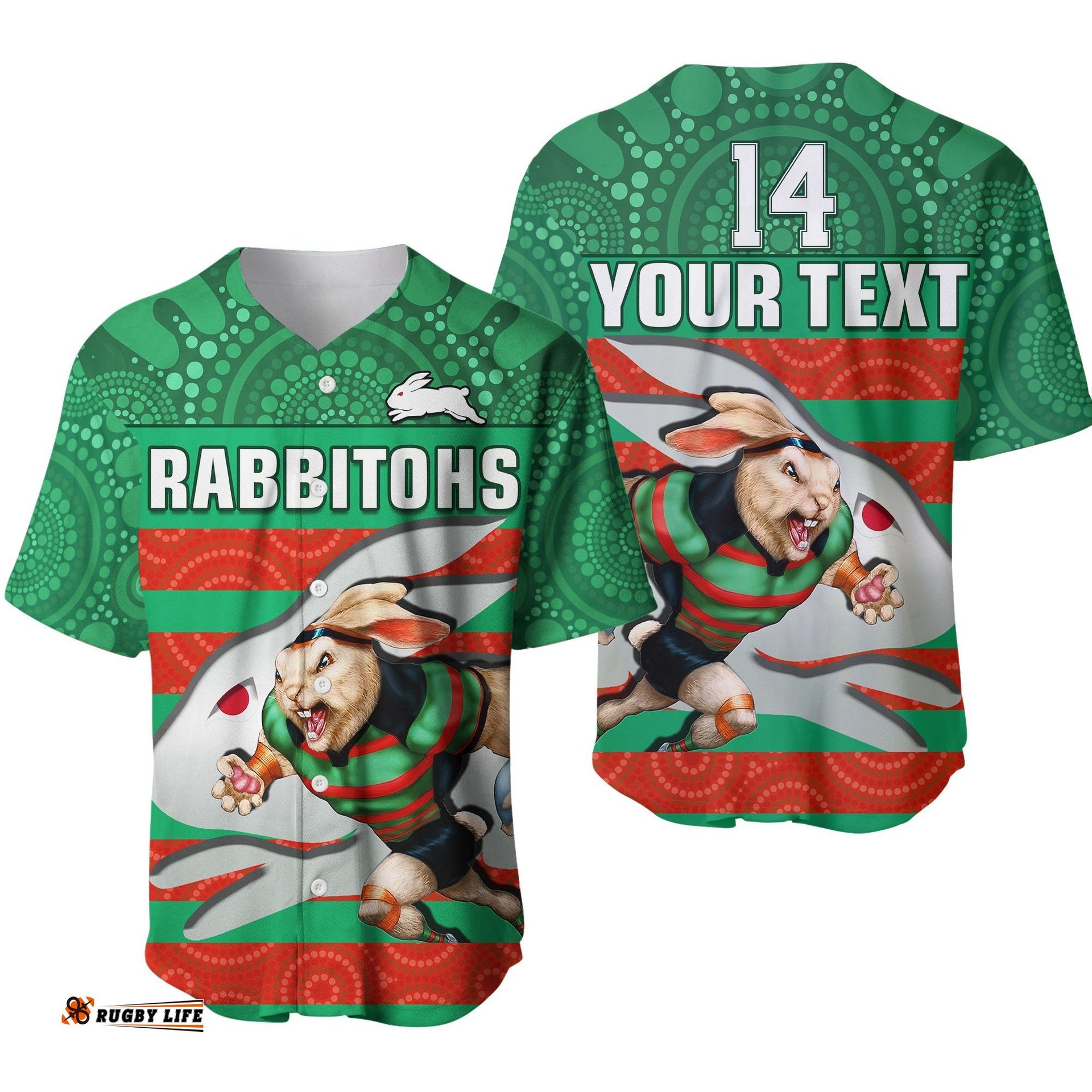 Custom Text And Number Rabbitohs Rugby Baseball Jersey Shirt Aboriginal Dot Painting Glory Glory Sporty Style