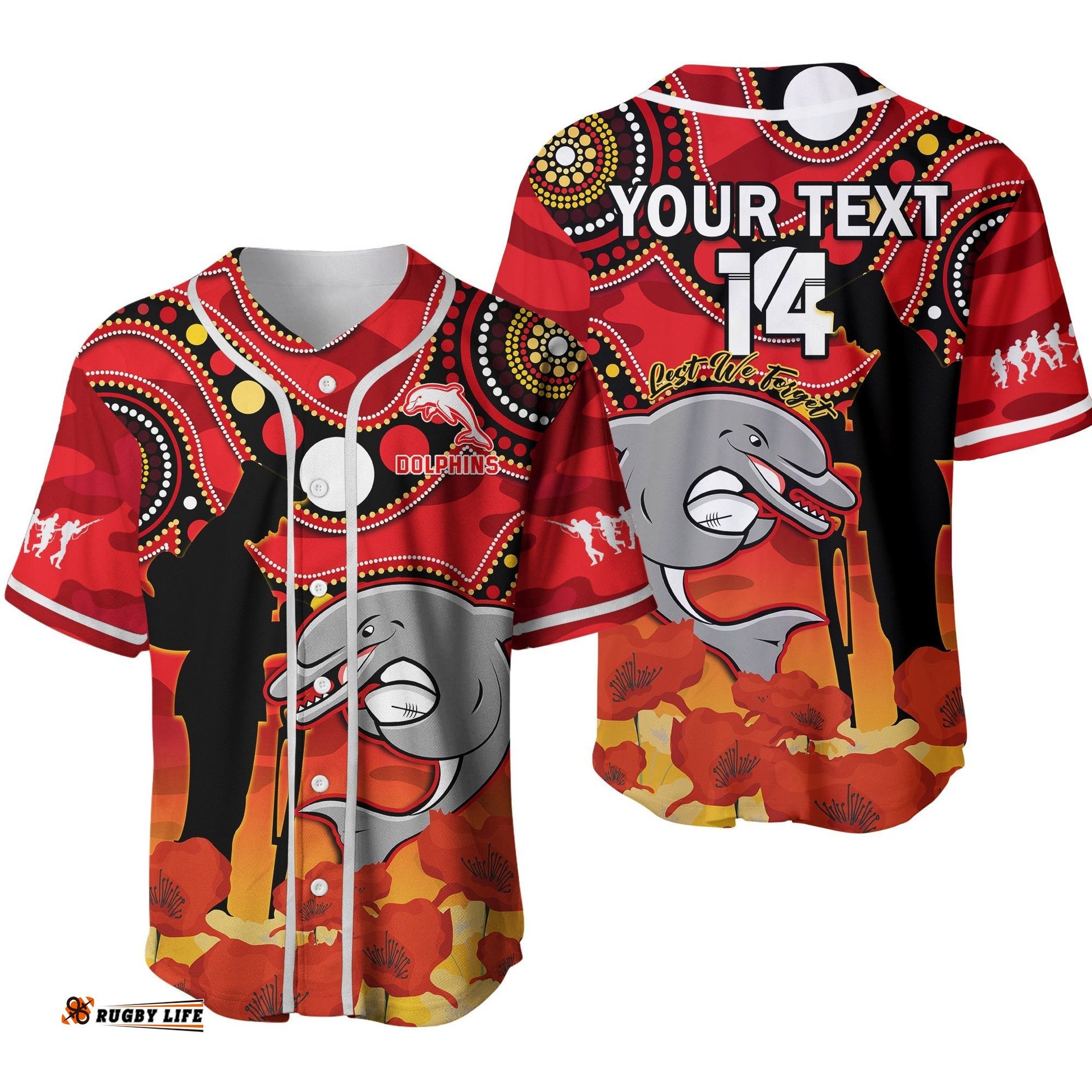 Custom Text And Number Dolphins Rugby ANZAC Baseball Jersey Shirt Lest We Forget Ver.02