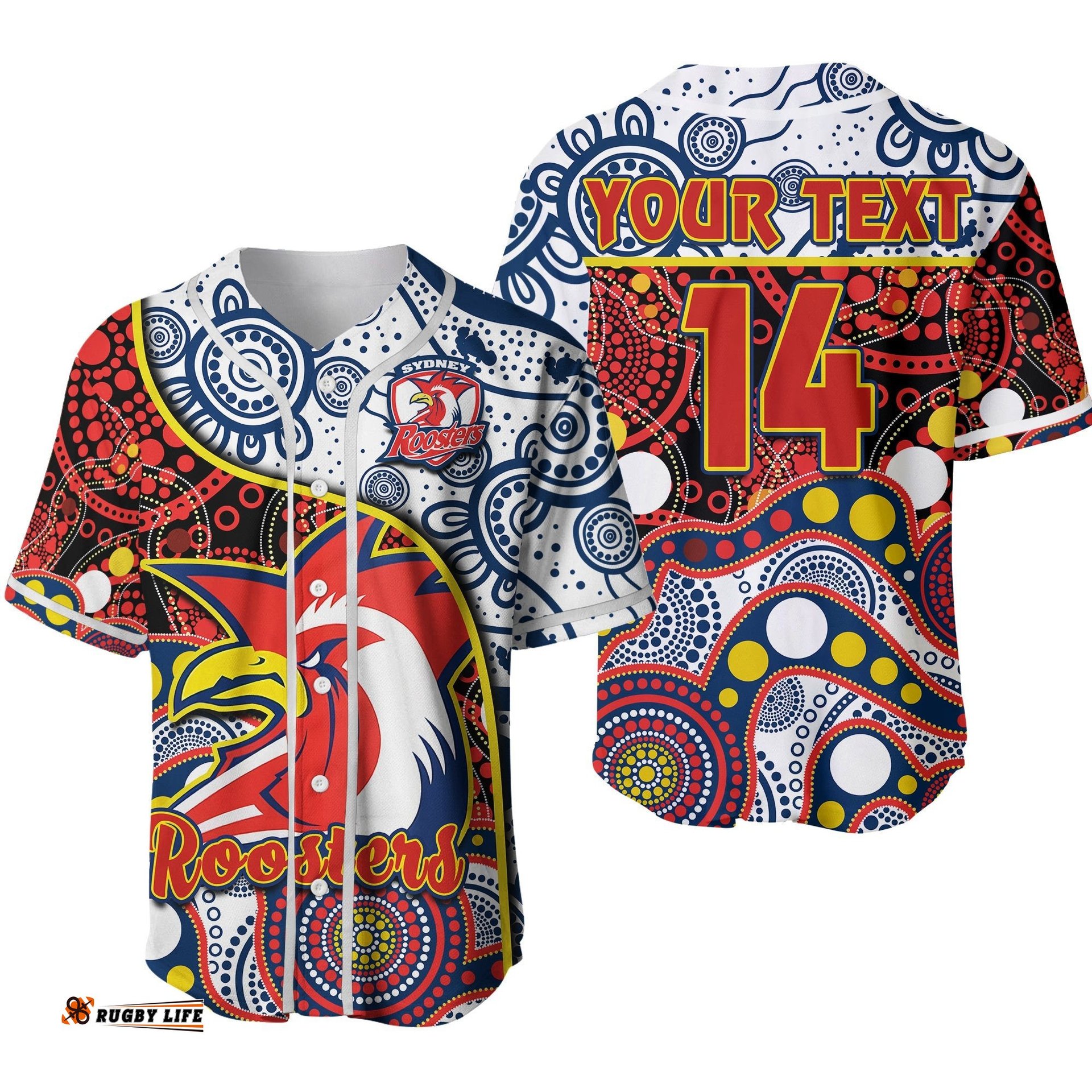 Custom Text And Number Roosters Rugby Baseball Jersey Shirt Easts 1908 Aboriginal Artsy Premiers Ver.02