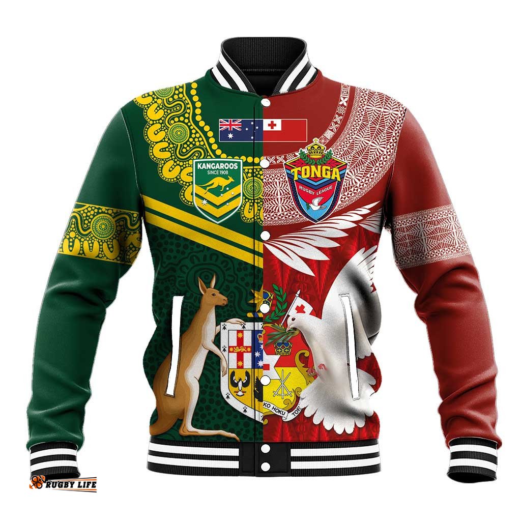 Custom Mate Ma'a Tonga and Australia Kangaroo Baseball Jacket Nation Seal with Mascot Aboriginal and Tongan Kupesi Ngatu Art