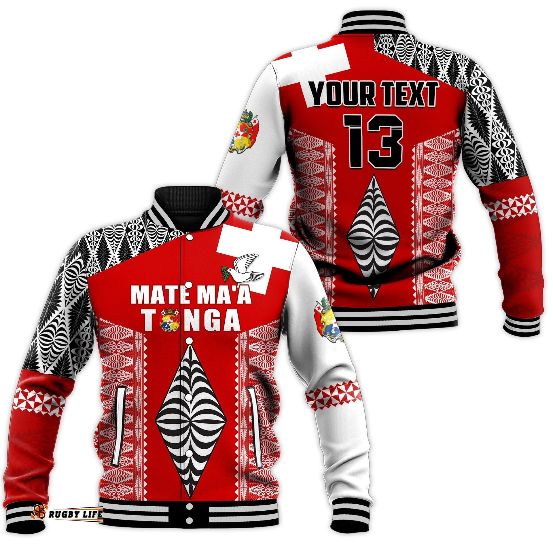Custom Text and Number Tonga Rugby Baseball Jacket Kupesi Ngatu Mate Maa Tonga