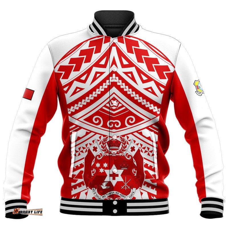 Tonga Rugby Sevens Baseball Jacket Coat of Arms Tribal Polynesian Pattern