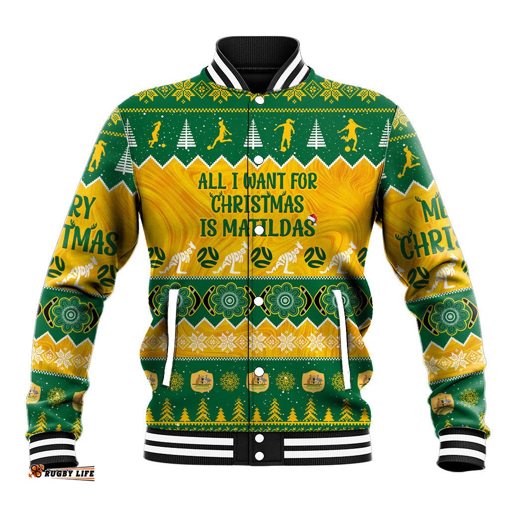 Personalised Australia Soccer Christmas Baseball Jacket All I Want For Xmas Is Matildas