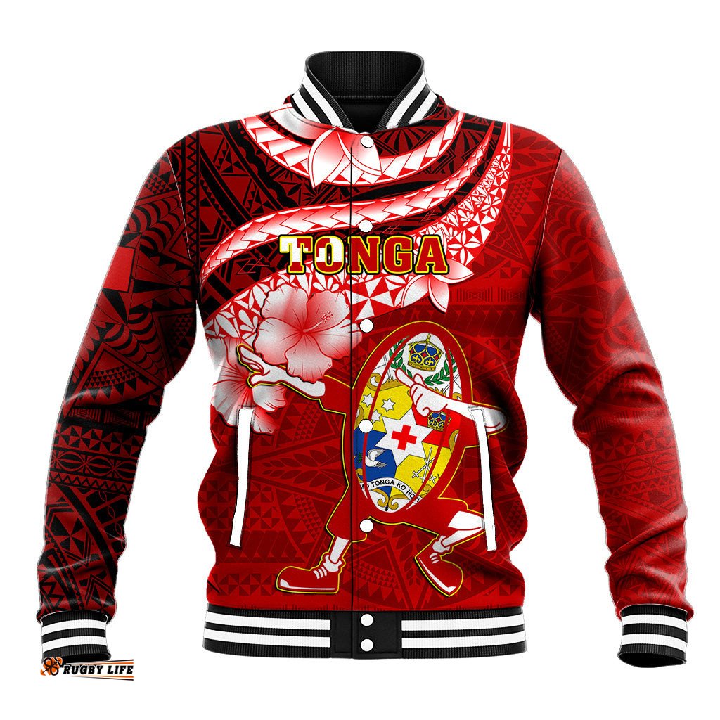 Tonga Rugby Baseball Jacket Ikale Tahi Tongan Ngatu Pattern With Dabbing Ball