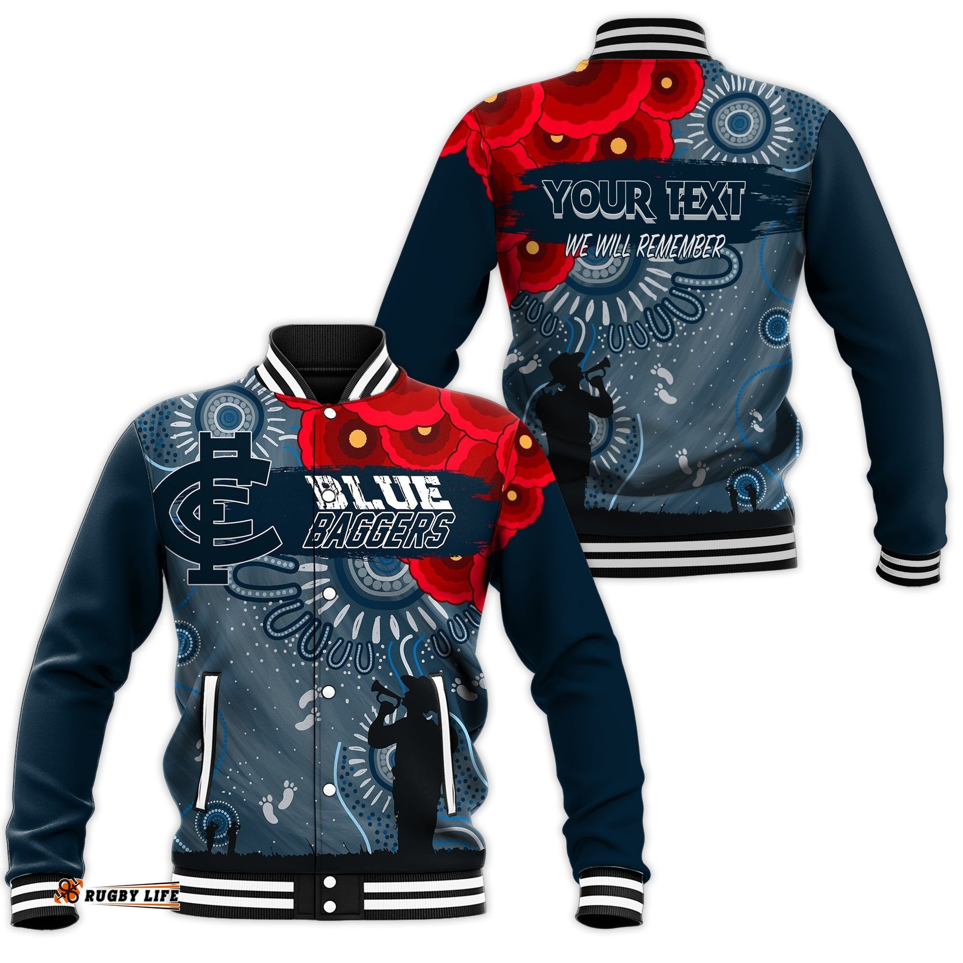 Custom Personalised Carlton Blue Baggers Indigenous Anzac Day Baseball Jacket We Will Remember