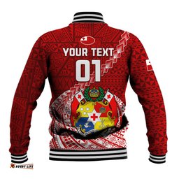 Custom Tonga Rugby Baseball Jacket Tongan Ngatu Pattern White Version