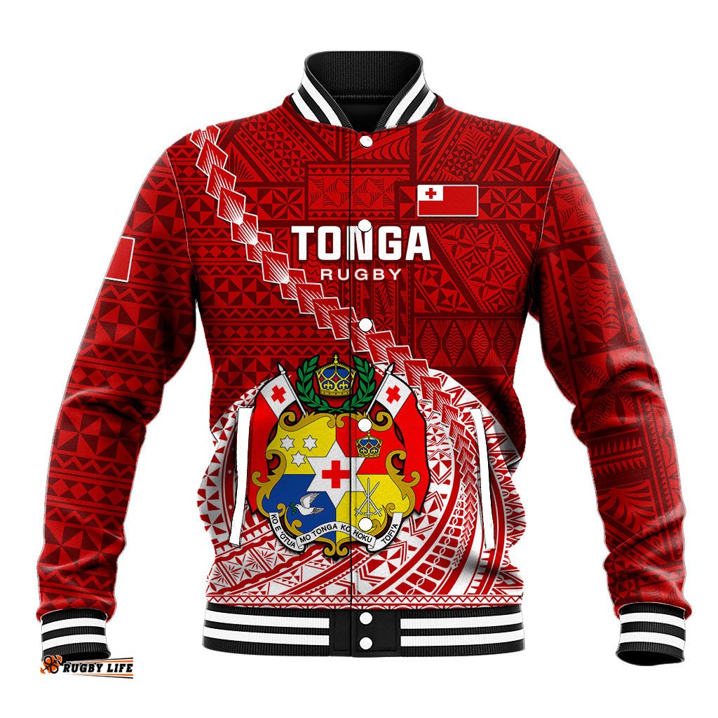 Custom Tonga Rugby Baseball Jacket Tongan Ngatu Pattern White Version