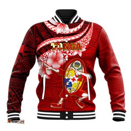 Custom Tonga Rugby Baseball Jacket Ikale Tahi Tongan Ngatu Pattern With Dabbing Ball
