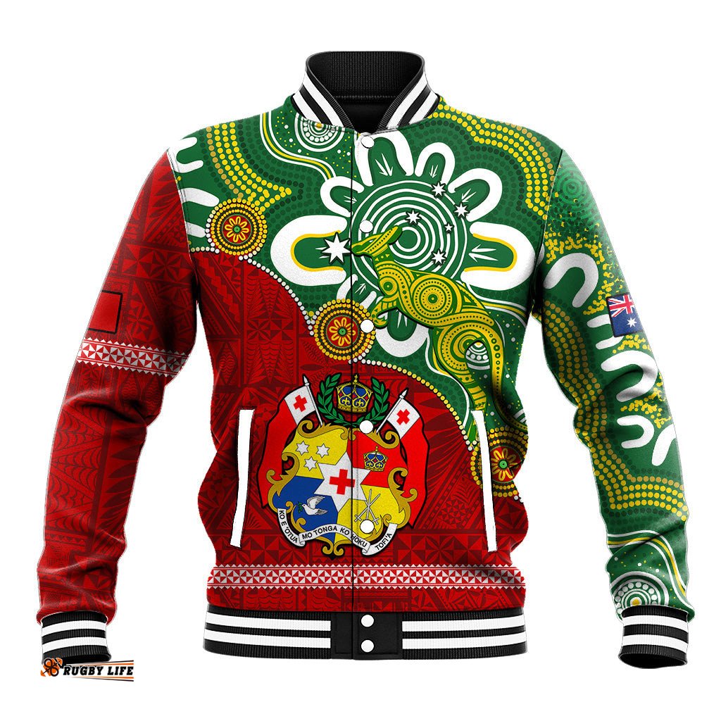 Australia And Tonga Baseball Jacket Aboriginal Mix Tongan Ngatu Unique Style