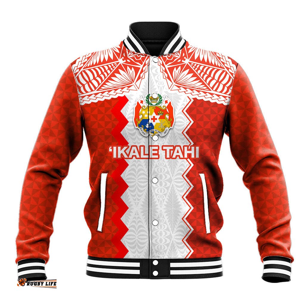 Custom Tonga Rugby Baseball Jacket Ikale Tahi Ngatu Tribal Pattern