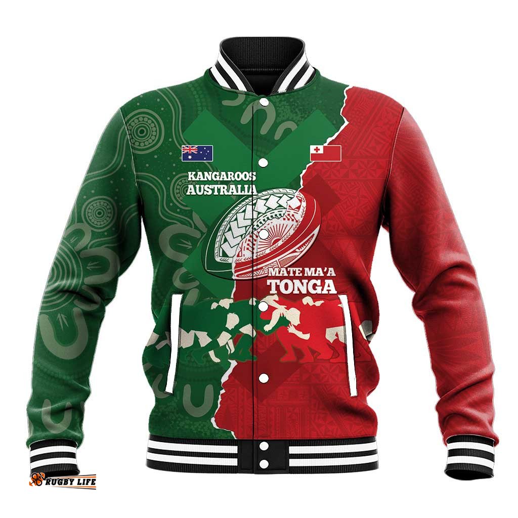 Custom Tonga And Australia Rugby Baseball Jacket Mate Maa Tongan Ngatu Mix Kangaroos Aboriginal